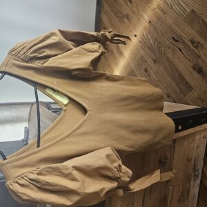 Maeve Tan Tie Front Puffed Blouse 3/4 Sleeve